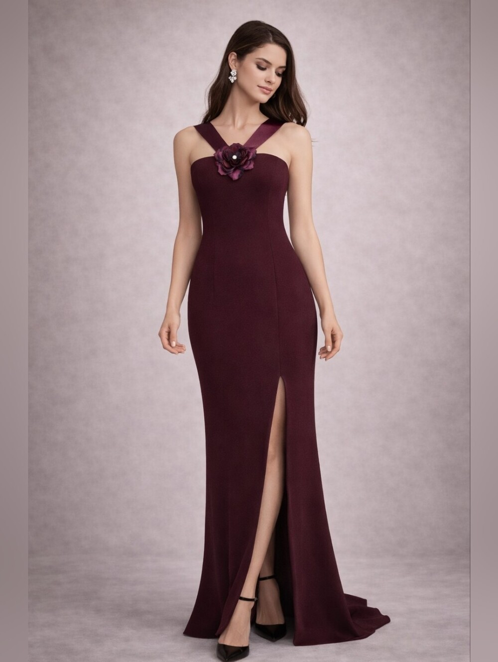 Restored Vintage Burgundy Evening Gown With Removable Flower Brooch